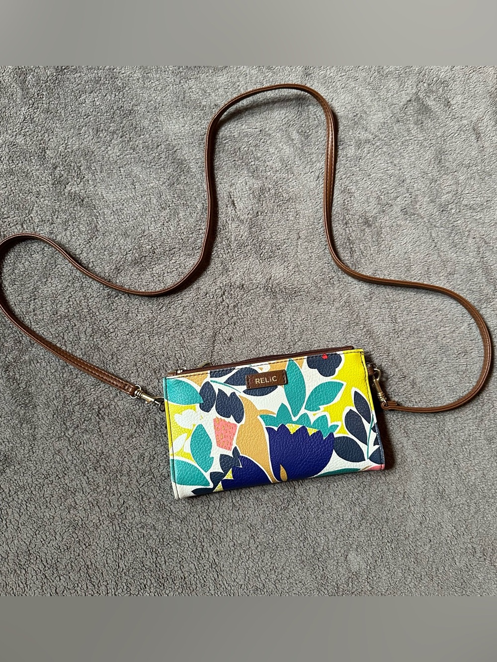 Relic Yellow Blue Multi-Color Floral Crossbody Wallet with Brown Strap